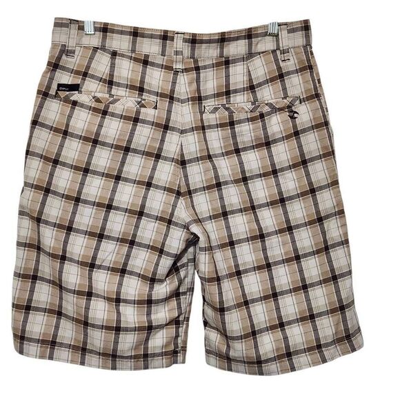 Split men's plaid shorts brown tan cream zip flat front size 33 waist - Picture 3 of 9